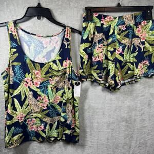 Ambrielle NEW 2 Piece Sleepwear Women Scoop Neck Short Set XS Navy Cheetah